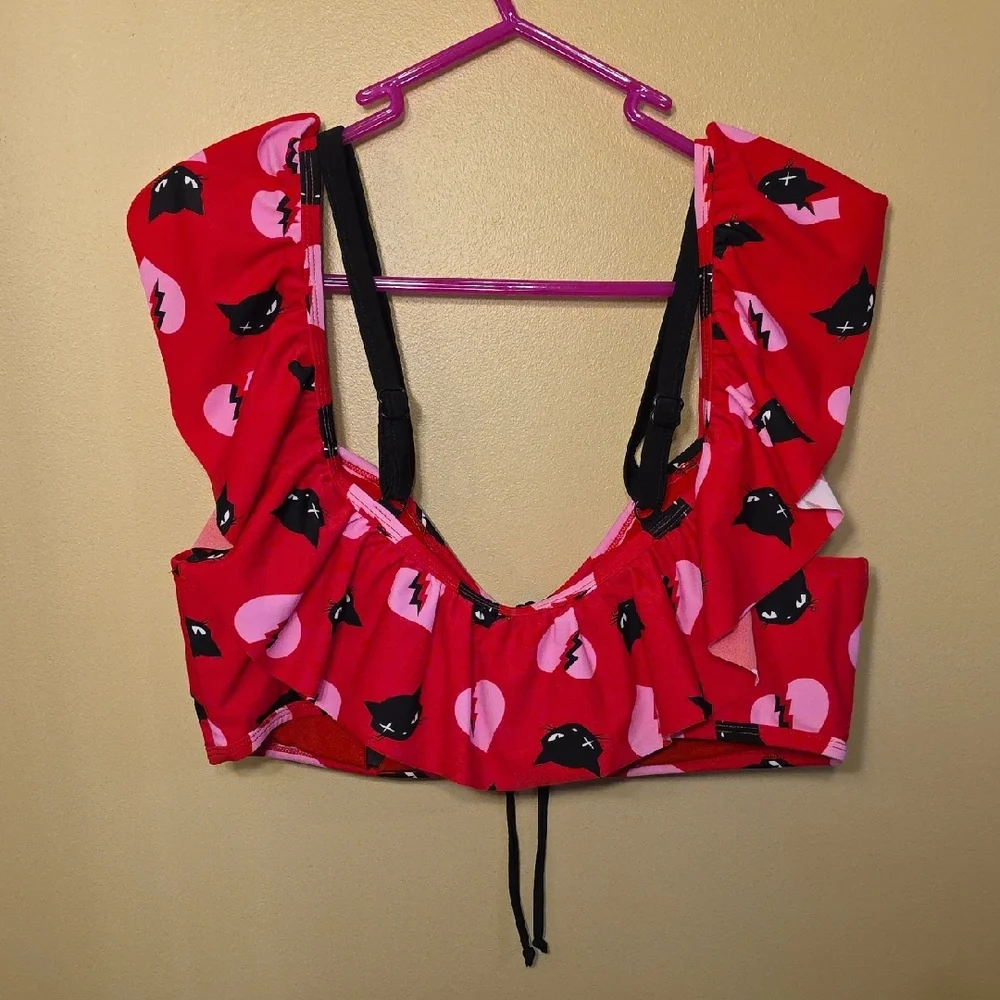 Unique Vintage Red Top w/Black Cat & Pink Heart Print Bikini, Emily the Strange - Picture 4 of 16